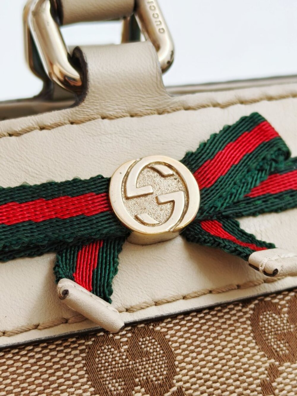 Gucci GG Monogram Canvas Web Stripe Bow Tote Shoulder Bag - Picture 9 of 15